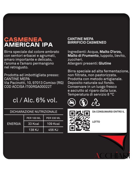 Casmenea American IPA 75 cl Confezione di 6 Bottiglie Birrificio Cantine MEPA