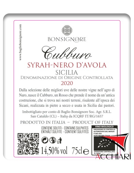 CUBBÙRO Nero d'Avola and Syrah 75 cl Bonsignore