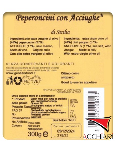 Peperoncini con Acciughe 300 gr Genesis acquista online