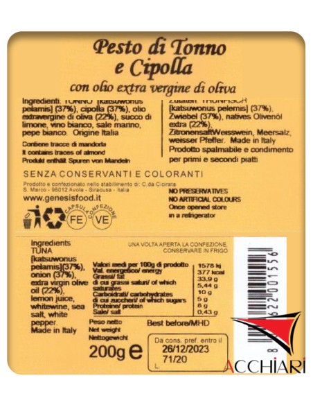 Pesto de Thon et Oignons 200 gr Genesis